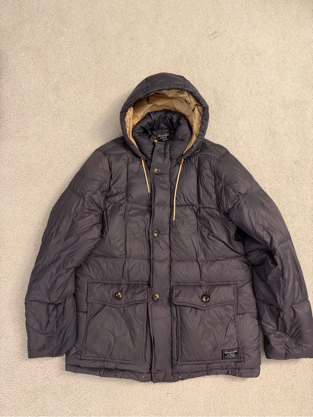 Abercrombie & Fitch Men's Hooded Puffer Jacket in Dark Gray - Size L